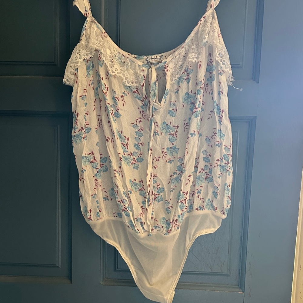 Free People Cream Floral Lace-Trim Tie Bodysuit
